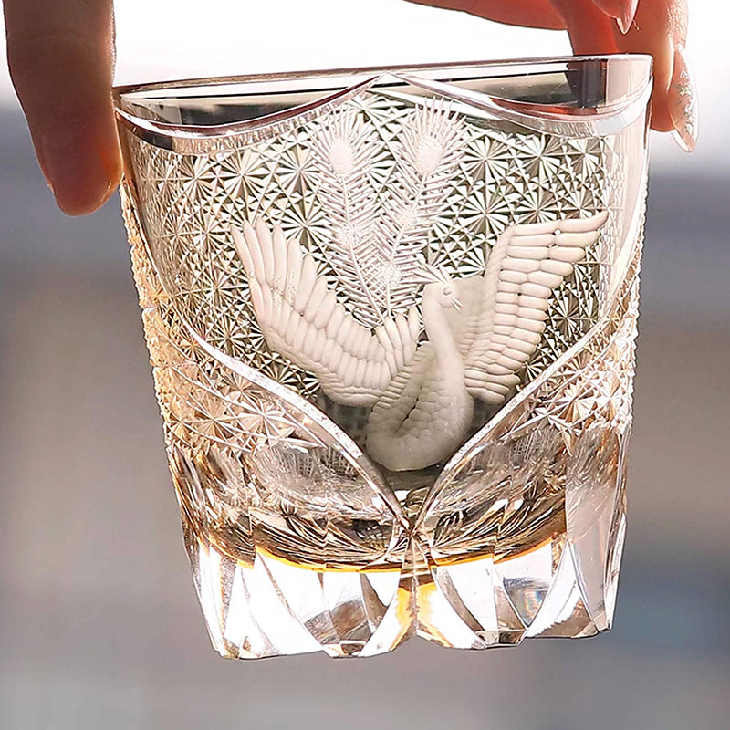 Edo Kiriko Handcrafted Peacock Pattern Whiskey Glass Gray Phoenix