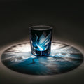 Decorative glass cup with engraved design on a dark surface