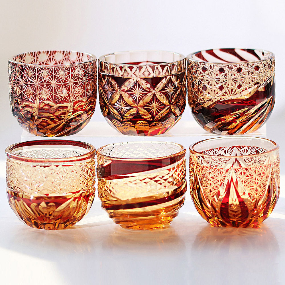 Edo Kiriko Handcrafted Red-Amber Crystal Sake Glass
