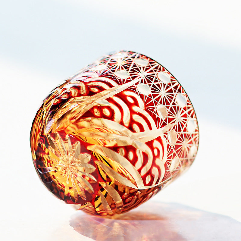 Edo Kiriko Handcrafted Red-Amber Crystal Sake Glass