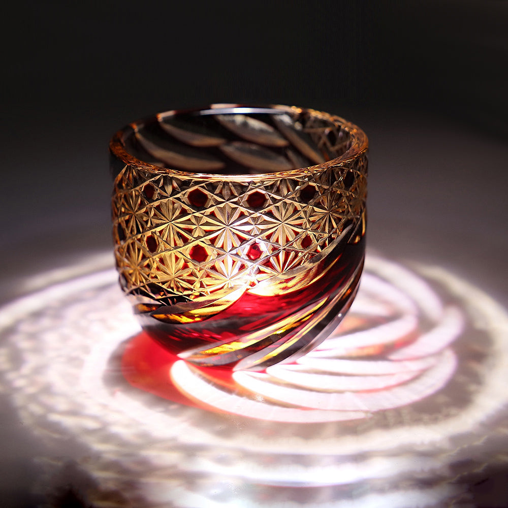 Edo Kiriko Handcrafted Red-Amber Crystal Sake Glass