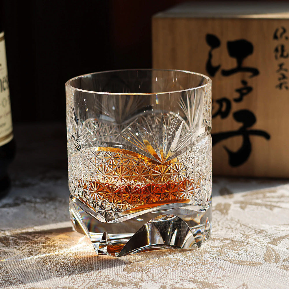 JR Edo Kiriko Handcrafted Takeha & Chrysanthemum Whiskey Glass