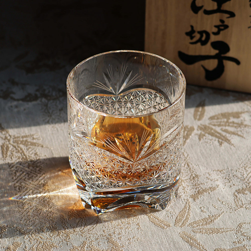 JR Edo Kiriko Handcrafted Takeha & Chrysanthemum Whiskey Glass
