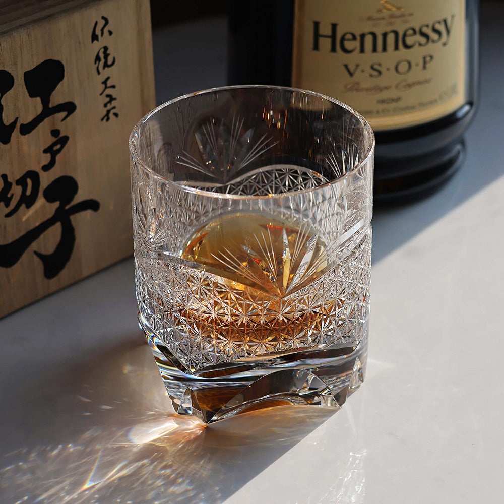 JR Edo Kiriko Handcrafted Takeha & Chrysanthemum Whiskey Glass