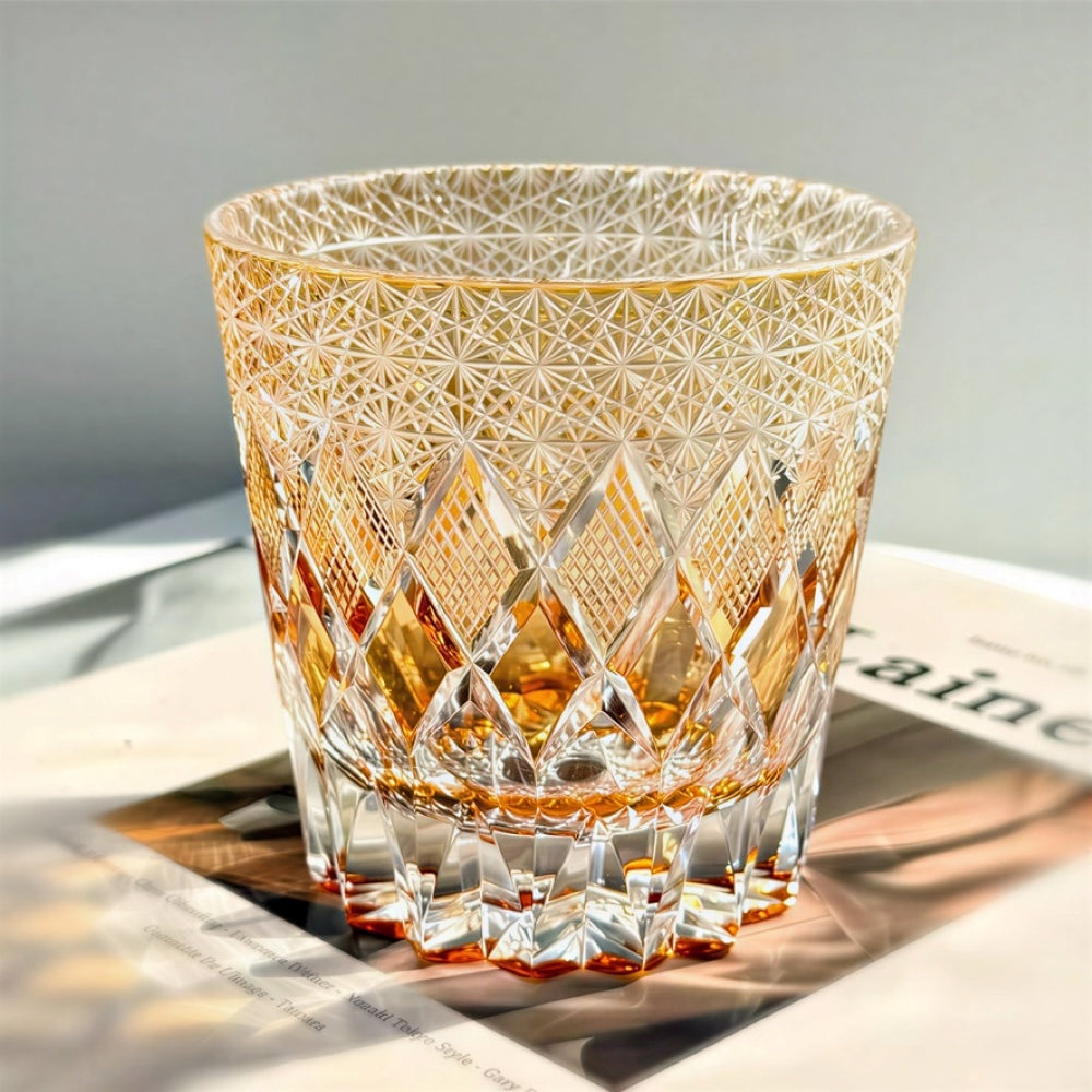 Edo Kiriko Handcrafted Yellow Fluorite Crystal Whiskey Glass