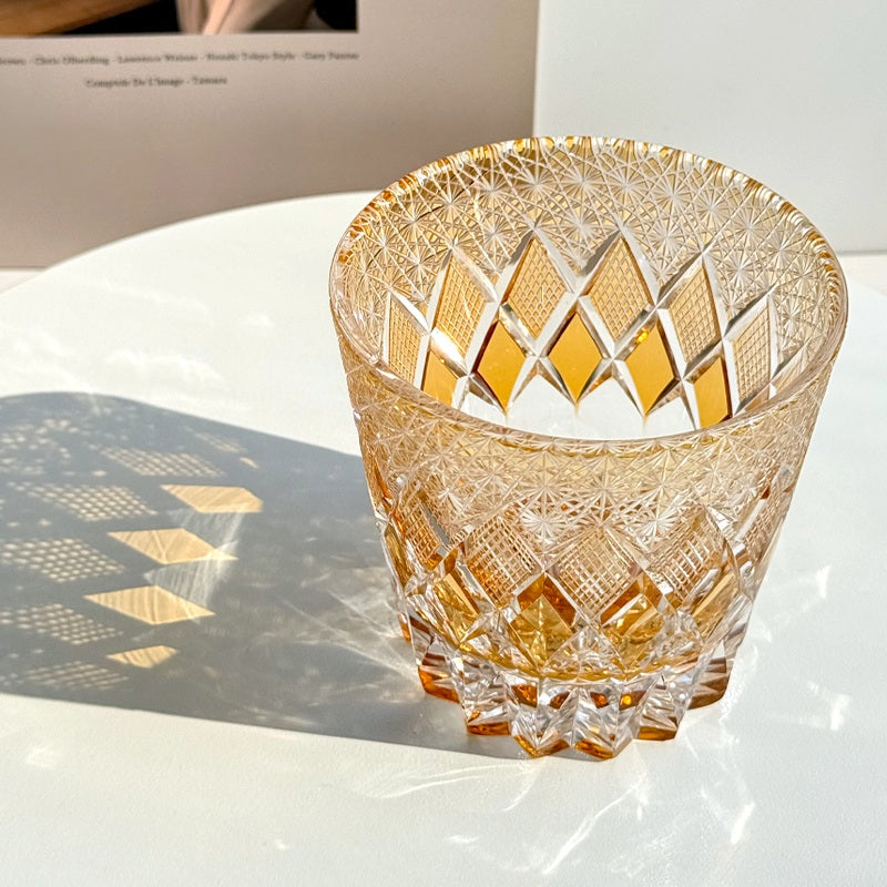 Edo Kiriko Handcrafted Yellow Fluorite Crystal Whiskey Glass