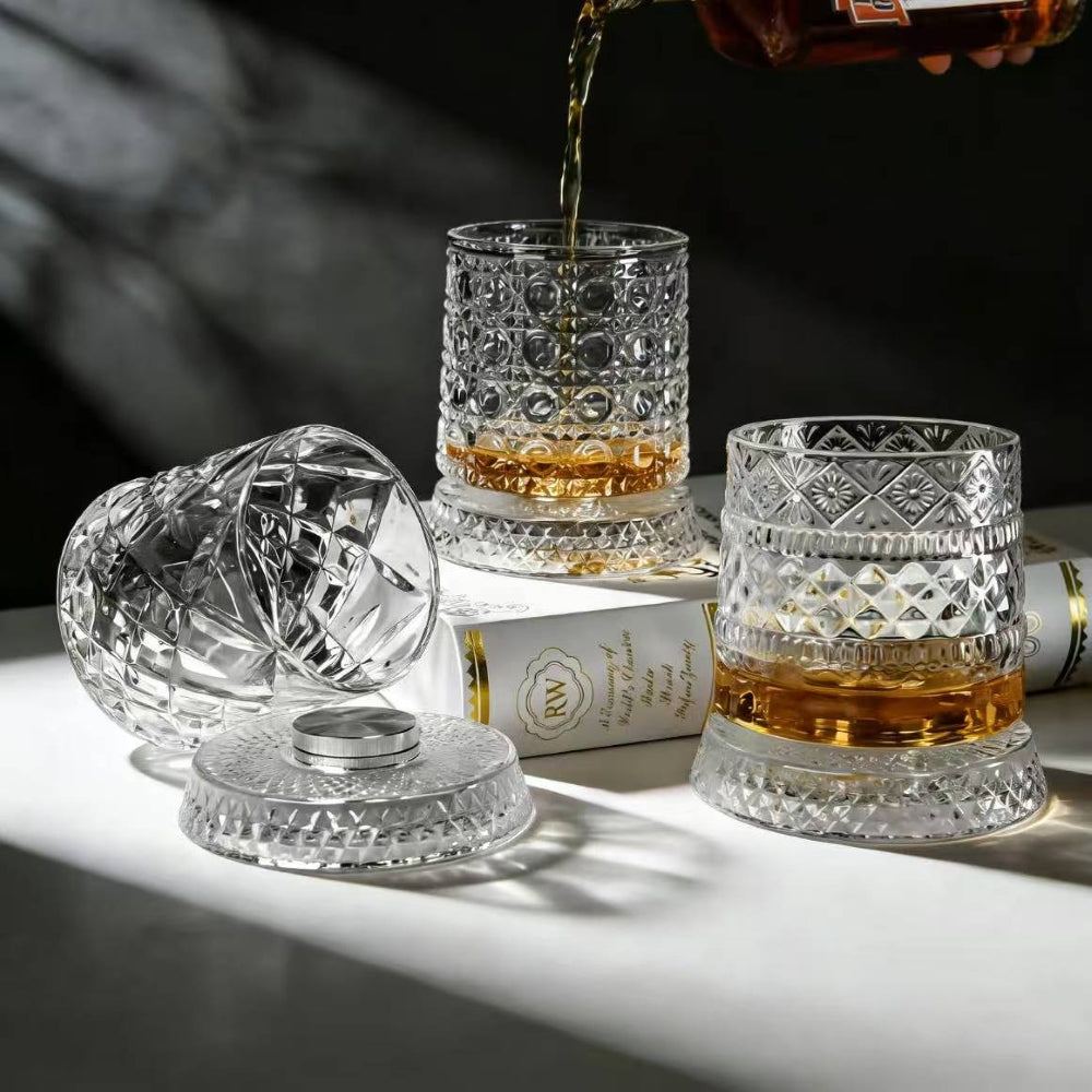 JR Handcrafted 360° Rotating Embossed Crystal Whiskey Tumbler Glass