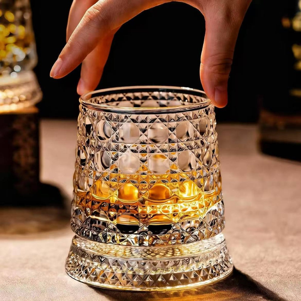 JR Handcrafted 360° Rotating Embossed Crystal Whiskey Tumbler Glass