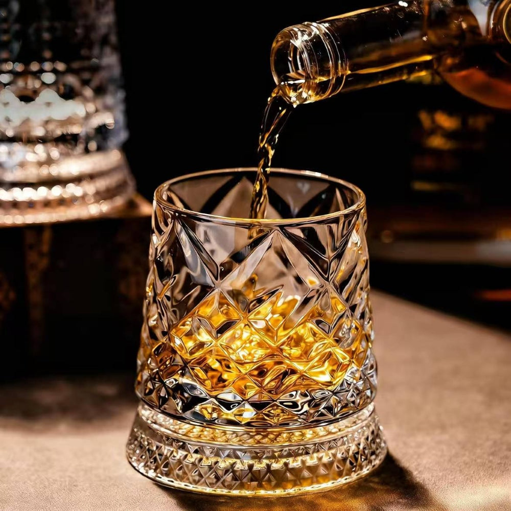 JR Handcrafted 360° Rotating Embossed Crystal Whiskey Tumbler Glass