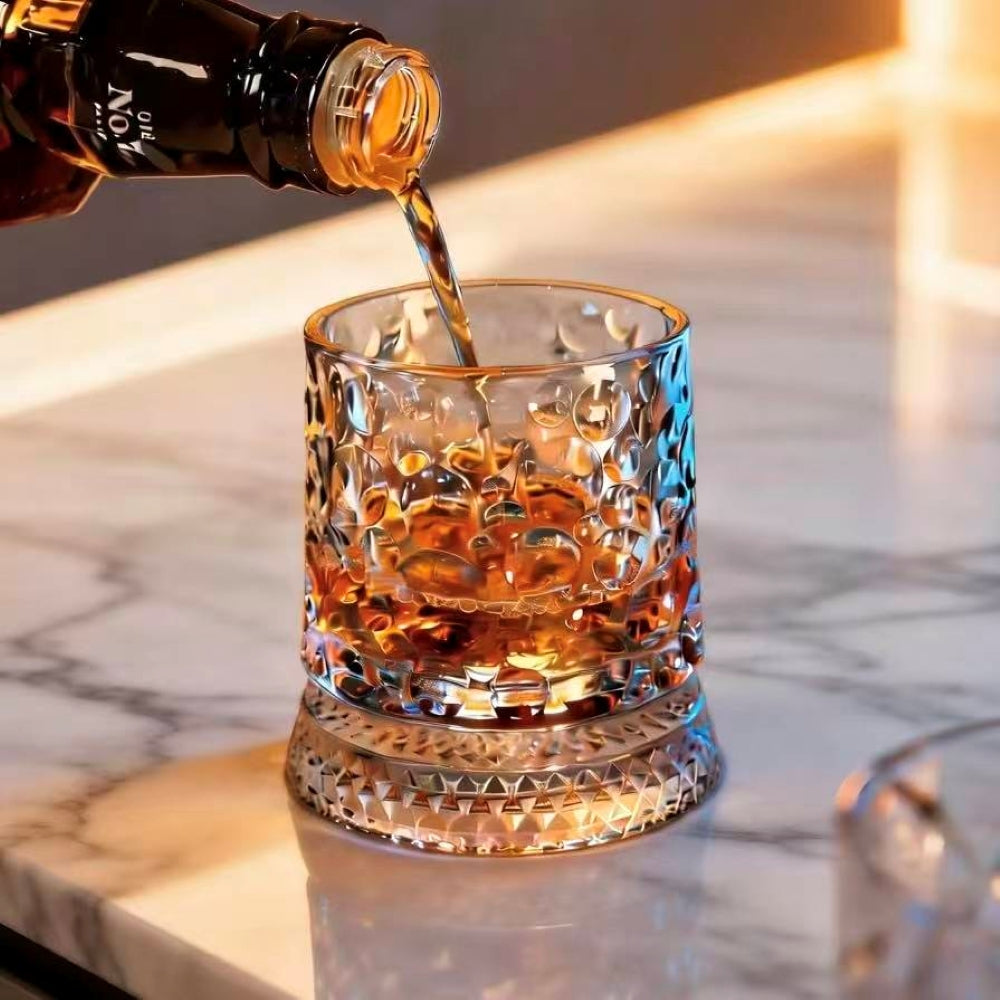 JR Handcrafted 360° Rotating Embossed Crystal Whiskey Tumbler Glass