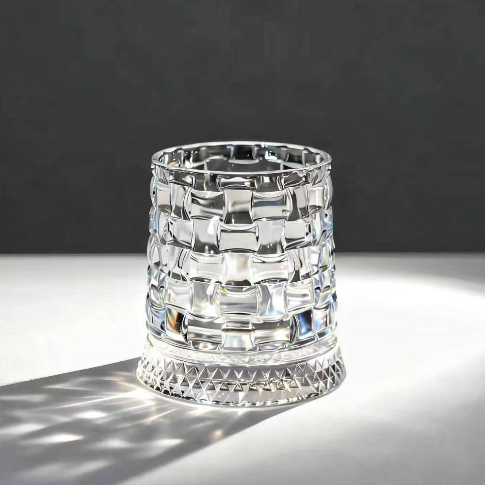 JR Handcrafted 360° Rotating Embossed Crystal Whiskey Tumbler Glass