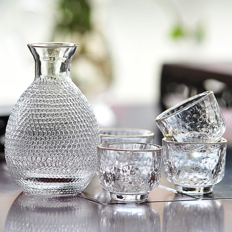 JR Handcrafted Japanese Hammered Glass Sake Set with Warmer Carafe and Cups - Je t'aime Resolute