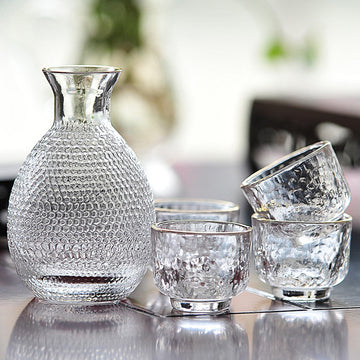 JR Handcrafted Japanese Hammered Glass Sake Set with Warmer Carafe and Cups - Je t'aime Resolute