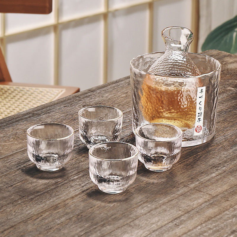 JR Handcrafted Japanese Hammered Glass Sake Set with Warmer Carafe and Cups - Je t'aime Resolute