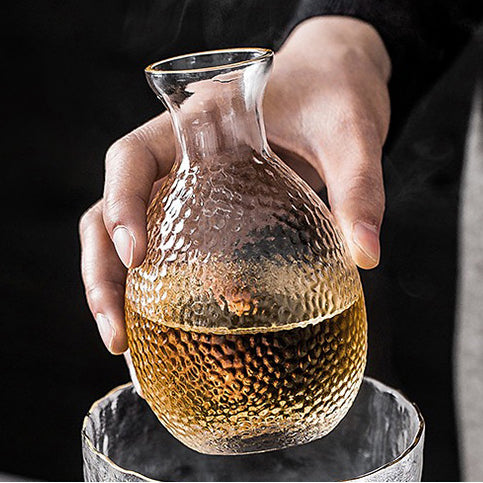 JR Handcrafted Japanese Hammered Glass Sake Set with Warmer Carafe and Cups - Je t'aime Resolute