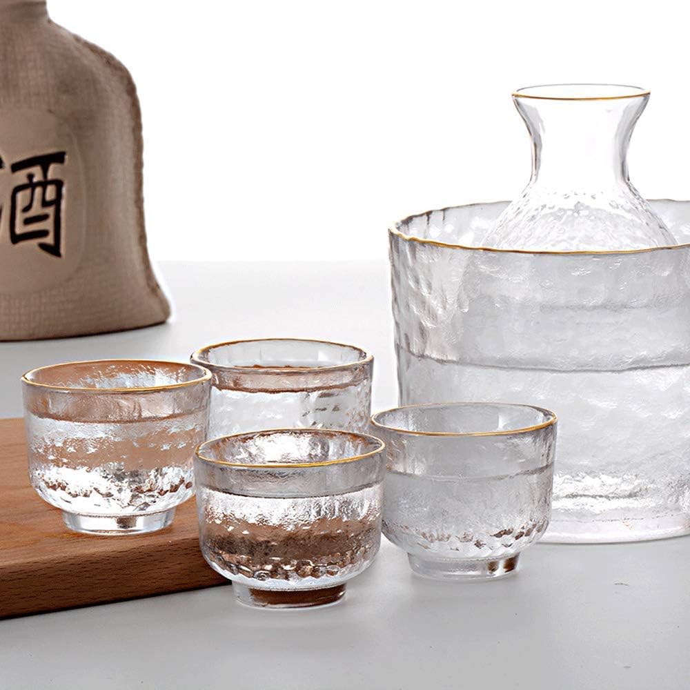 JR Handcrafted Japanese Hammered Glass Sake Set with Warmer Carafe and Cups - Je t'aime Resolute