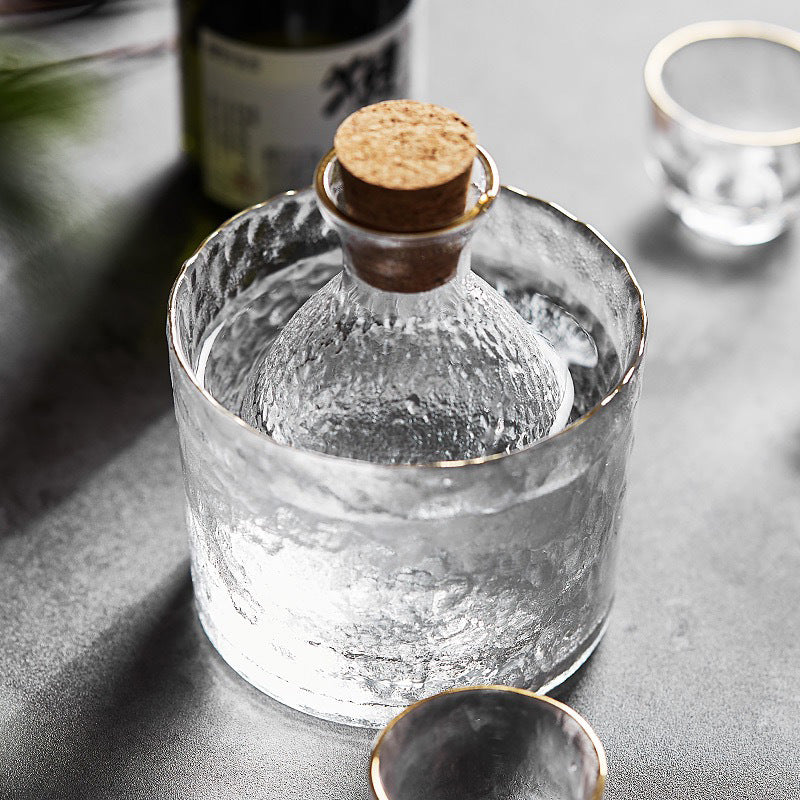JR Handcrafted Japanese Hammered Glass Sake Set with Warmer Carafe and Cups - Je t'aime Resolute