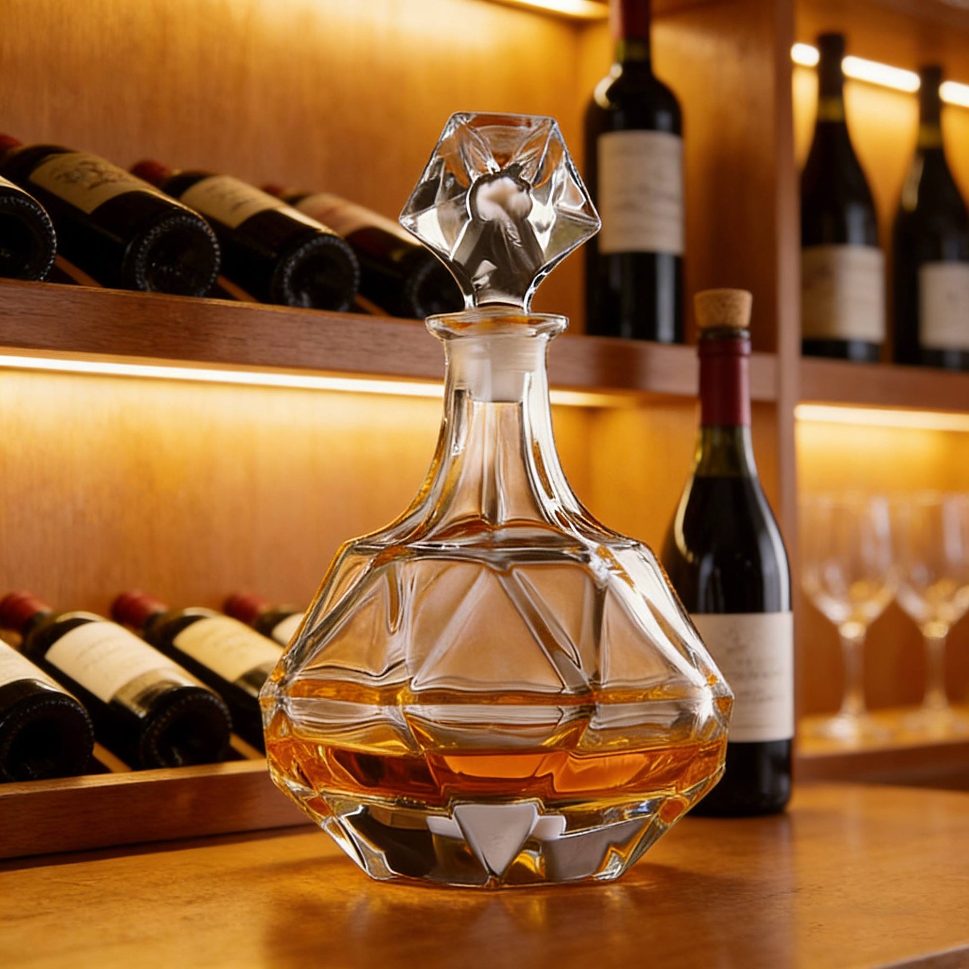 Glass whiskey decanter with a diamond-shaped stopper on a bar shelf with wine bottles and glasses.