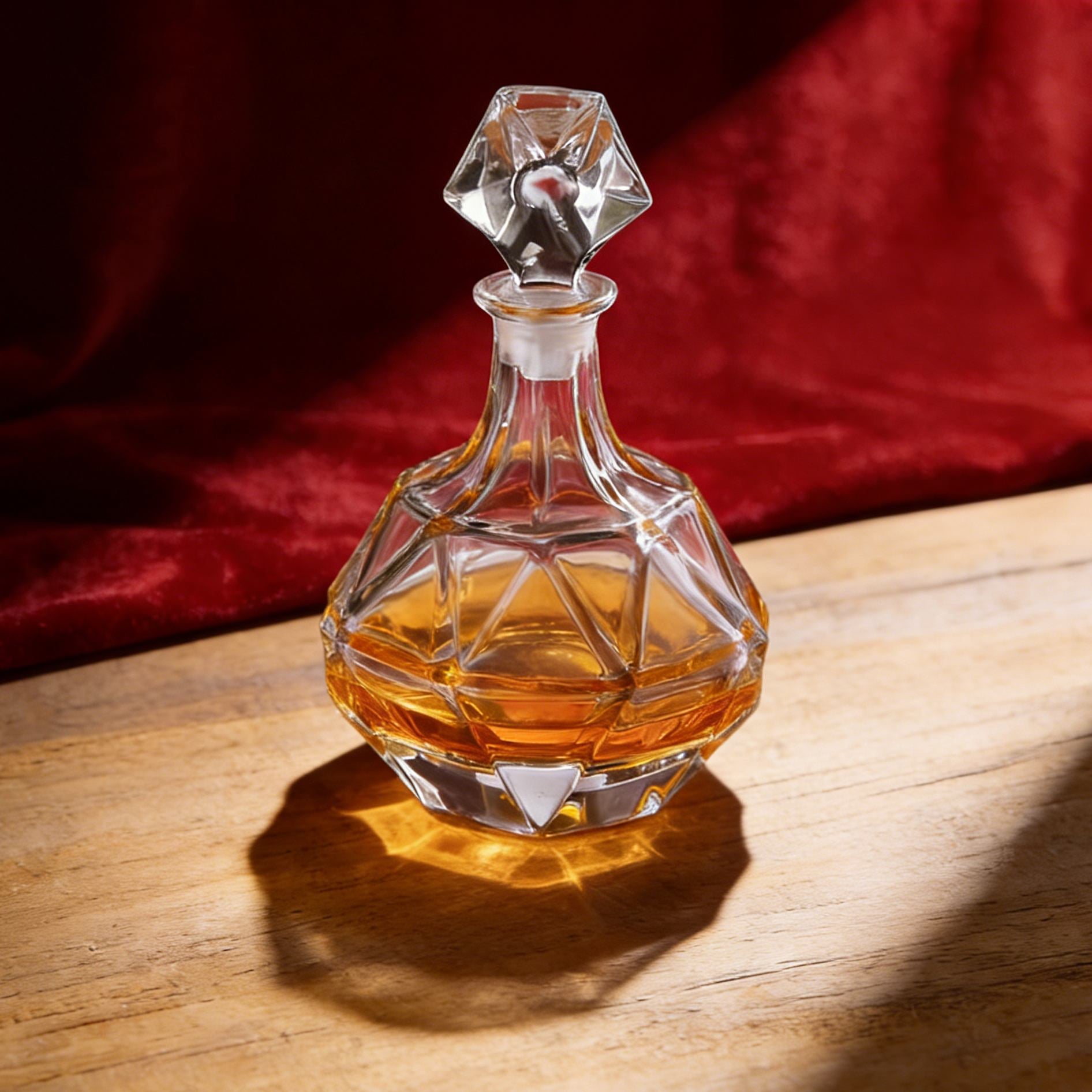 Crystal decanter with geometric design on a wooden surface with a red fabric background