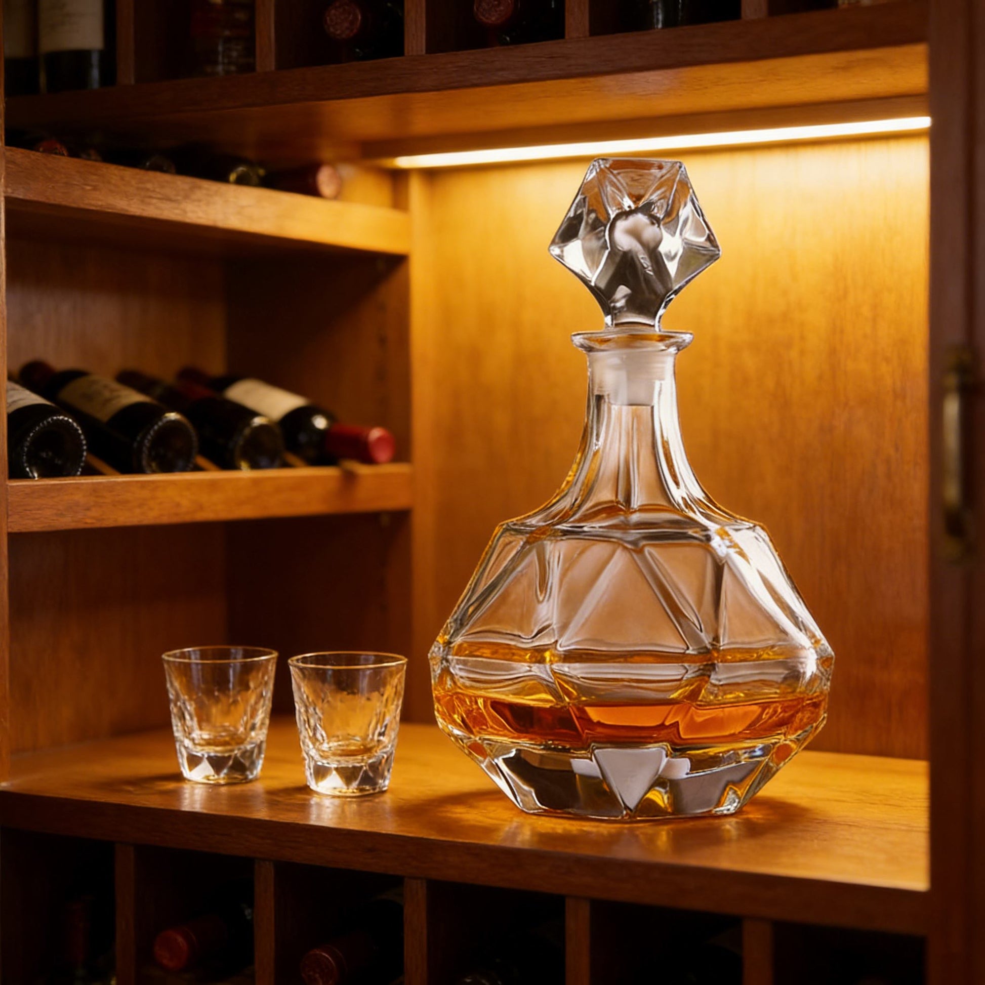 Crystal decanter with whiskey on a wooden shelf with glasses