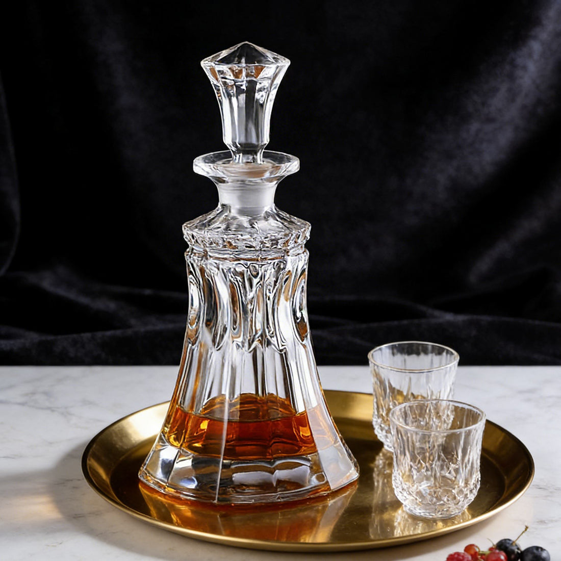 Crystal decanter with liquid on a gold tray with two glasses 