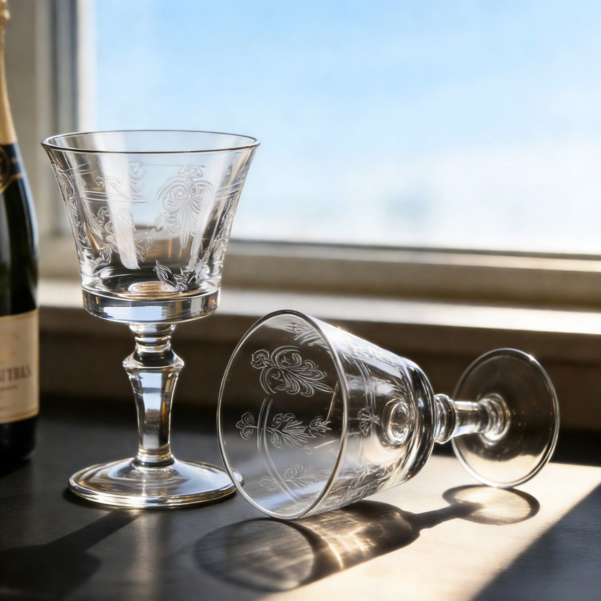 JR Vintage Etched Crystal Wine Glass - Hand-Engraved Stemware