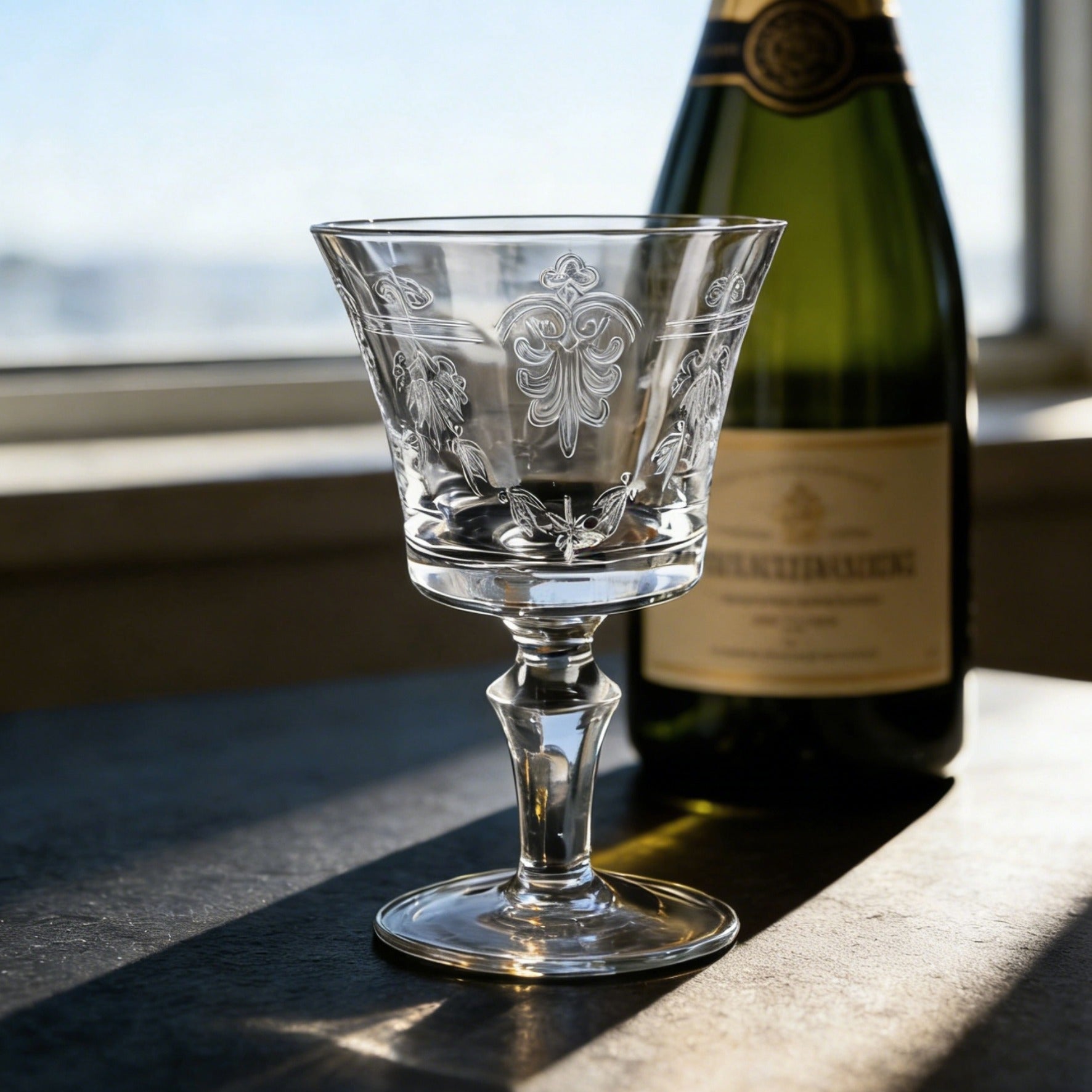 JR Vintage Etched Crystal Wine Glass - Hand-Engraved Stemware