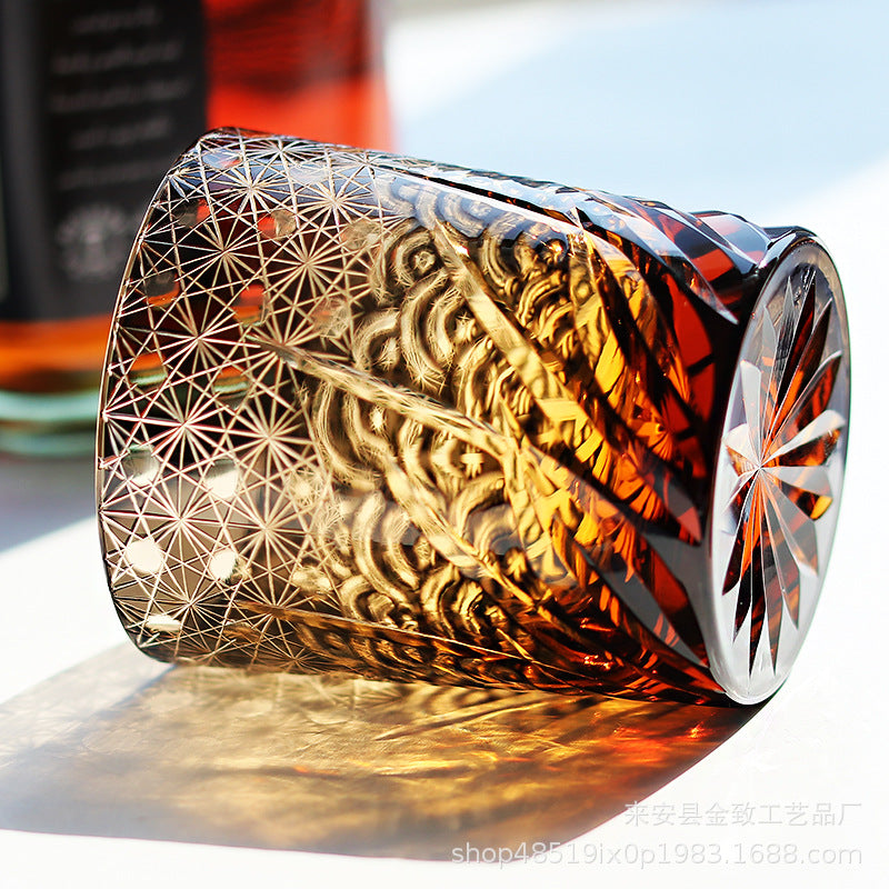 Edo Kiriko Handcrafted Blue Amber Whisky Tumbler with Wooden Box - Je t'aime Resolute