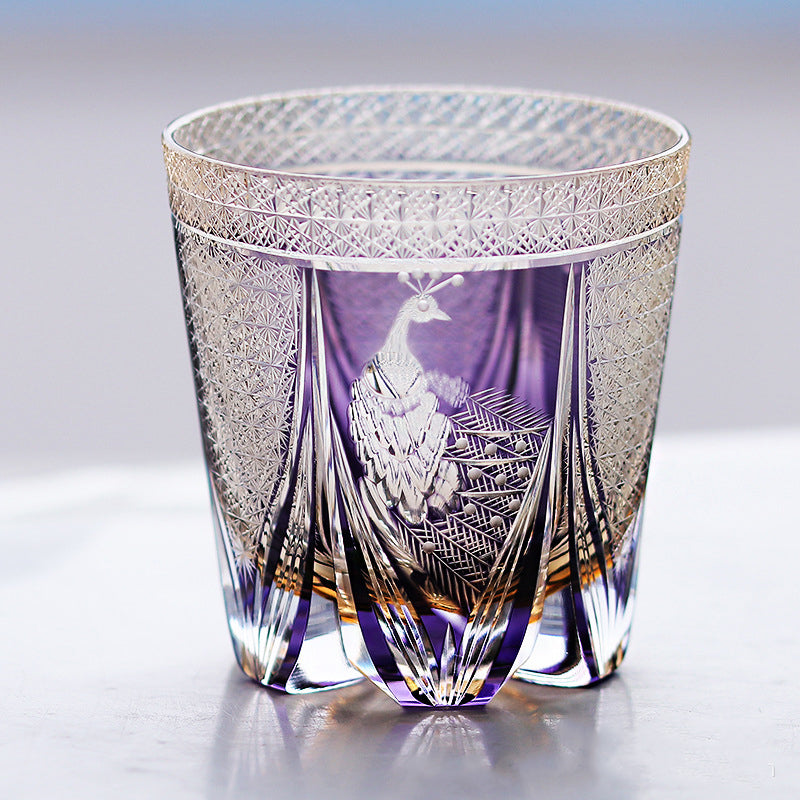 Edo Kiriko Handcrafted Peacock Motif Whisky Glass with Wooden Box - Je t'aime Resolute