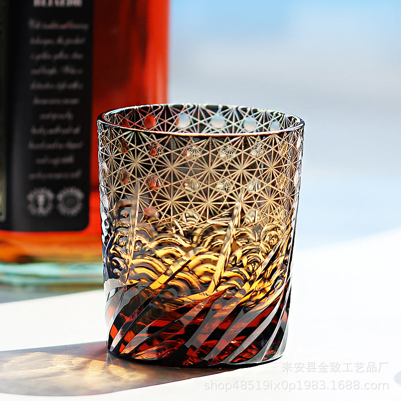 Edo Kiriko Handcrafted Blue Amber Whisky Tumbler with Wooden Box - Je t'aime Resolute