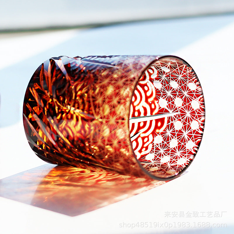 Edo Kiriko Handcrafted Blue Amber Whisky Tumbler with Wooden Box - Je t'aime Resolute